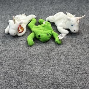 Lot of 3 Ty Beanie Baby Mystic The Unicorn Plush + Frog NWT - 1990’s Tag Errors